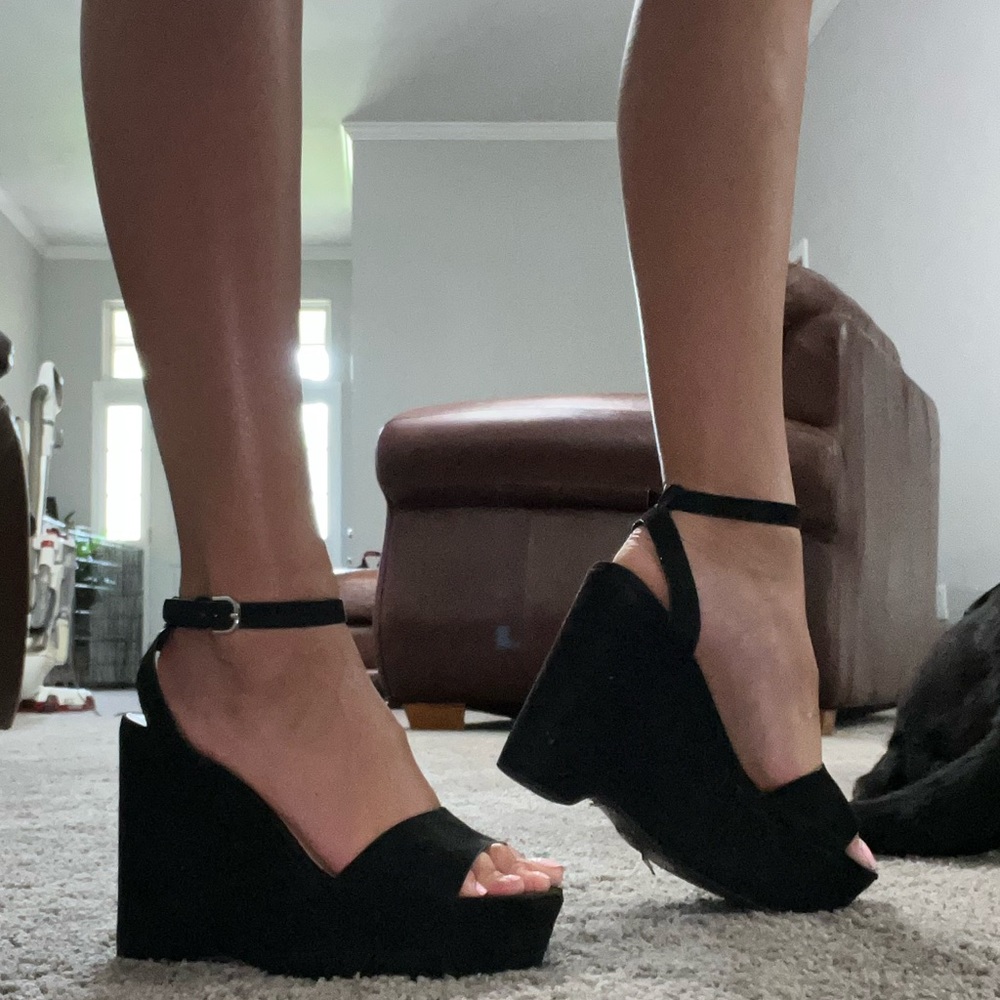 Black Suede Open Toe Wedges